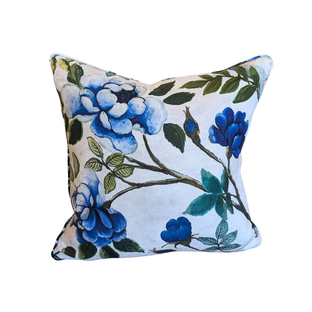 Designers Guild Porcelaine De Chine Cushion, floral with birds and butterflies on a grey background.