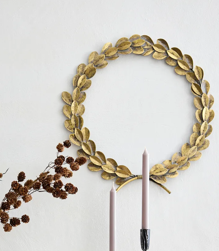 Gold leaf iron wreath christmas decor.