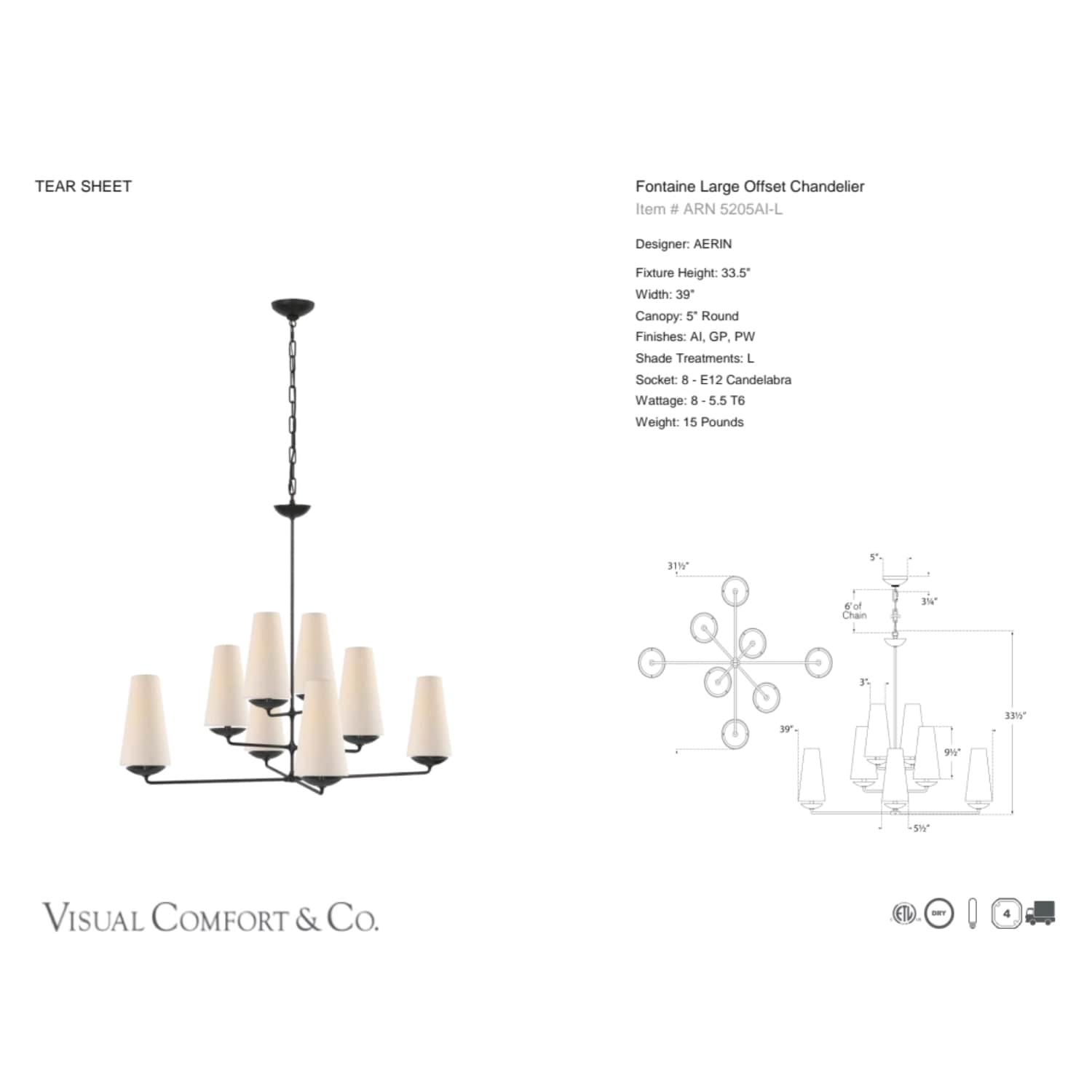 Visual Comfort & Co Chandelier Fontaine Large Offset Chandelier