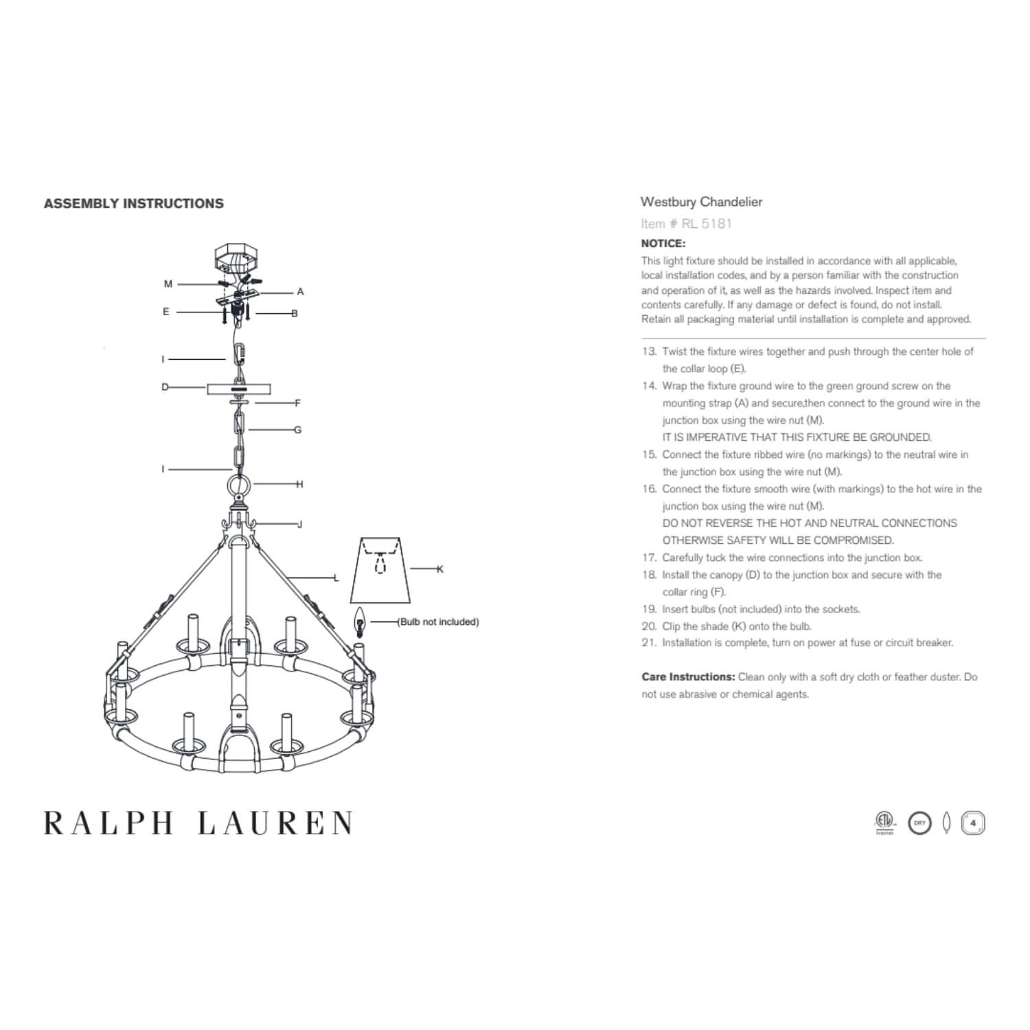 Ralph Lauren Westbury Chandelier Natural Brass