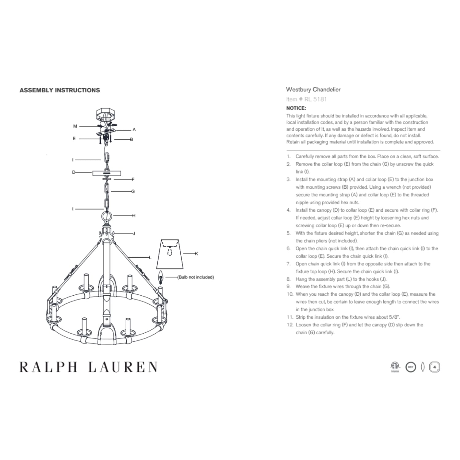 Visual Comfort & Co Chandelier Ralph Lauren Westbury Chandelier Natural Brass