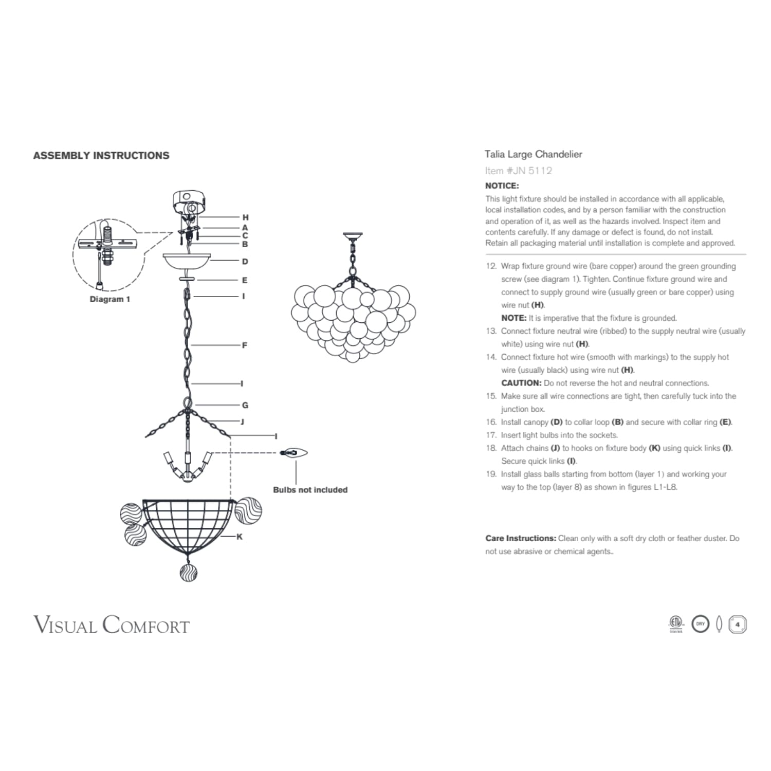 Visual Comfort & Co Chandelier Talia Large Chandelier And Clear Swirled Glass