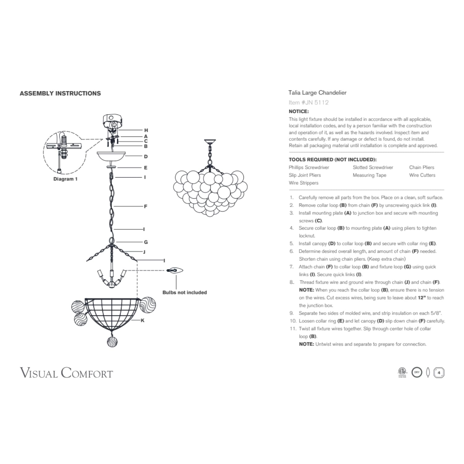 Visual Comfort & Co Chandelier Talia Large Chandelier And Clear Swirled Glass