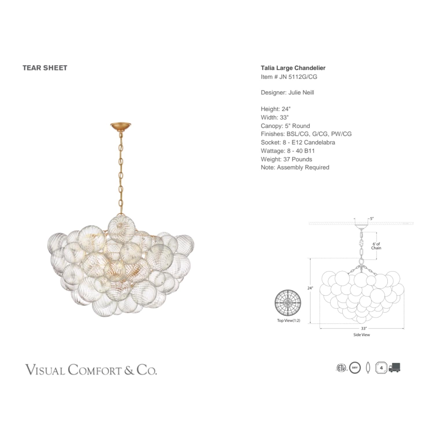 Visual Comfort & Co Chandelier Talia Large Chandelier And Clear Swirled Glass