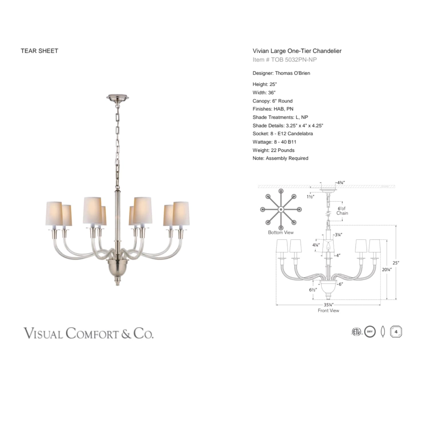 Visual Comfort & Co Chandelier Vivian Large One-Tier Chandelier