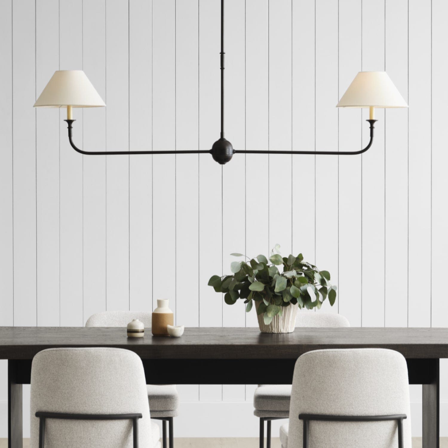 Piaf Large Two Light Linear Pendant in Aged Iron and Ebonized Oak with Linen Shades