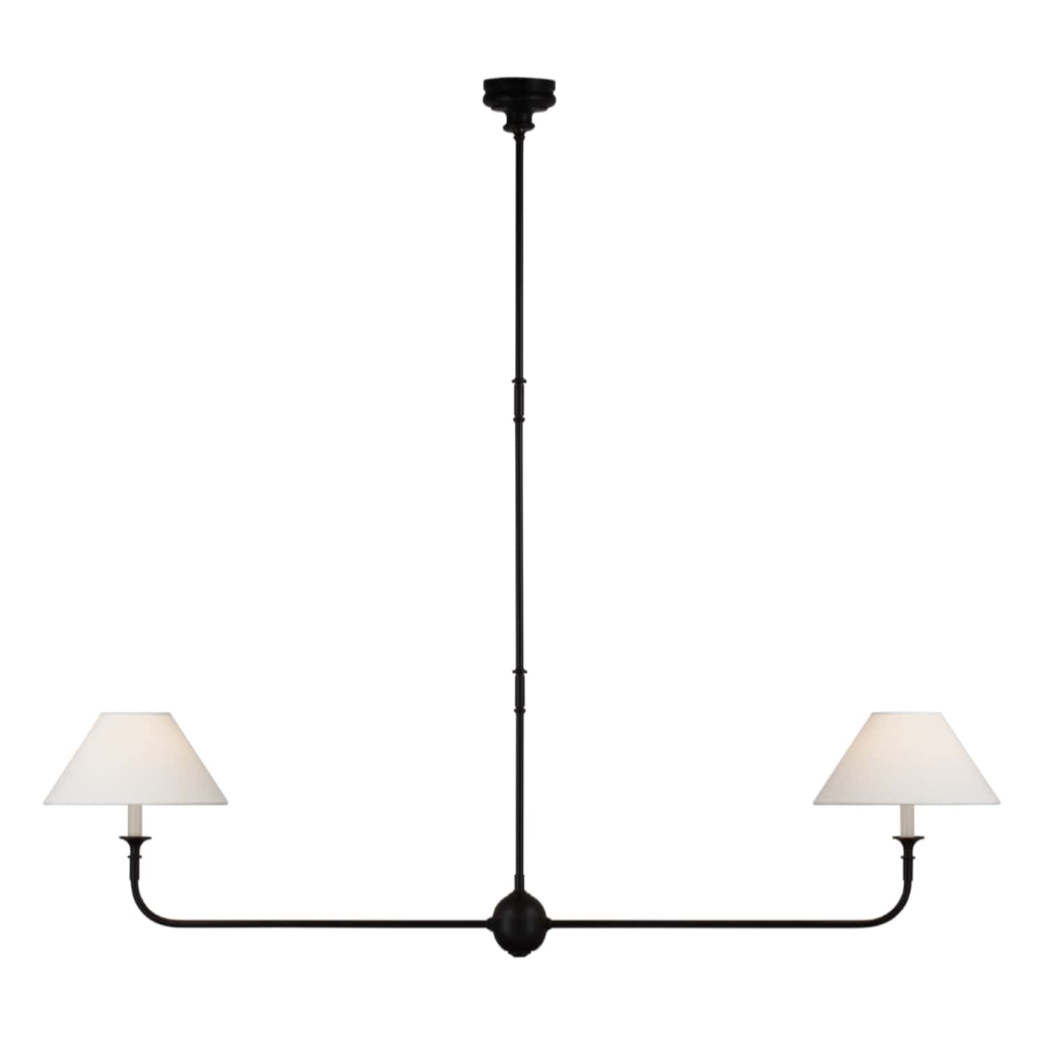 Piaf Large Two Light Linear Pendant in Aged Iron and Ebonized Oak with Linen Shades