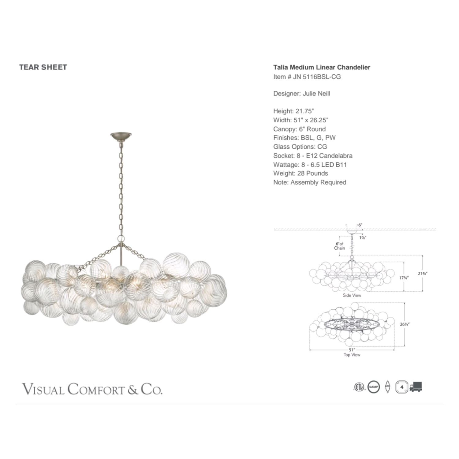 Visual Comfort & Co Linear Talia Medium Linear Chandelier with Clear Swirled Glass 2 Finishes