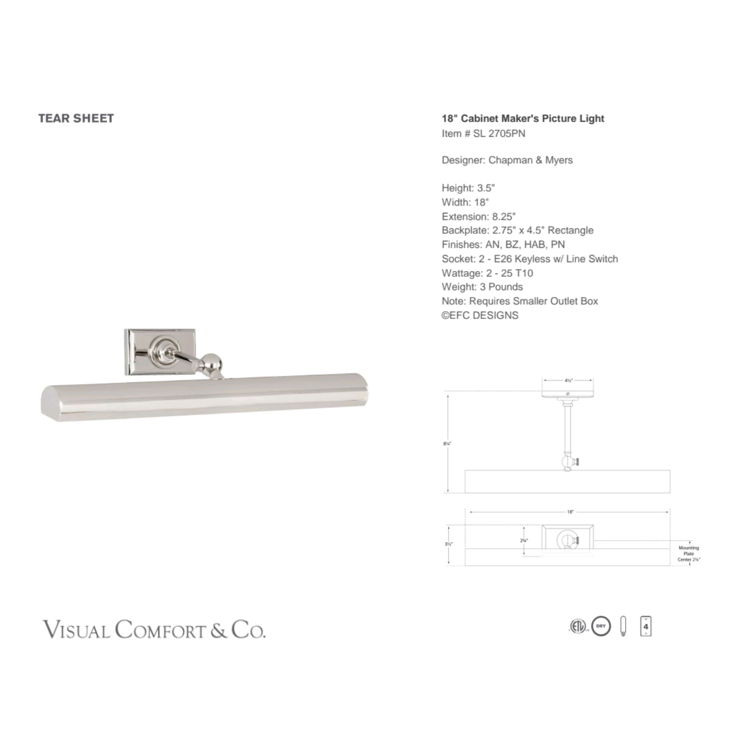 Visual Comfort & Co Sconces 18" Cabinet Maker's Picture Light