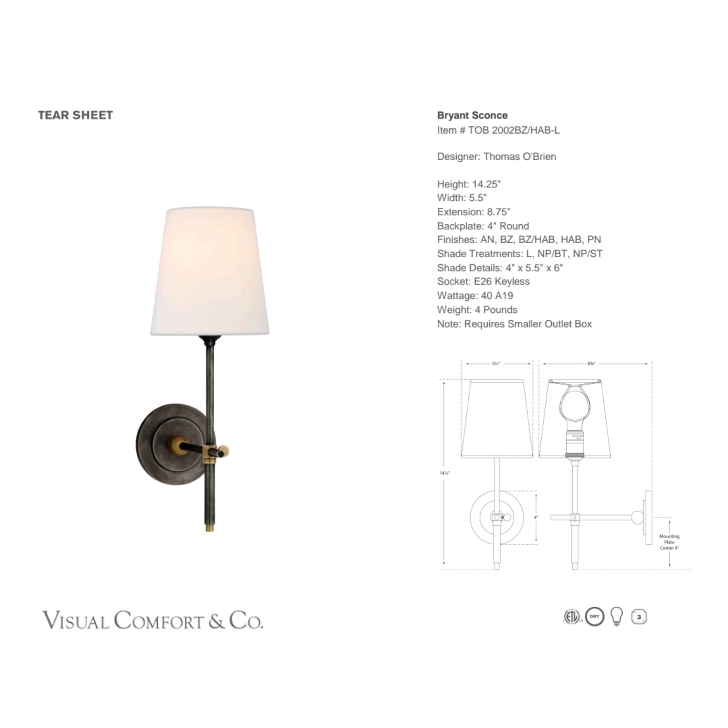 Visual Comfort & Co Sconces Bryant Sconce 4 finishes