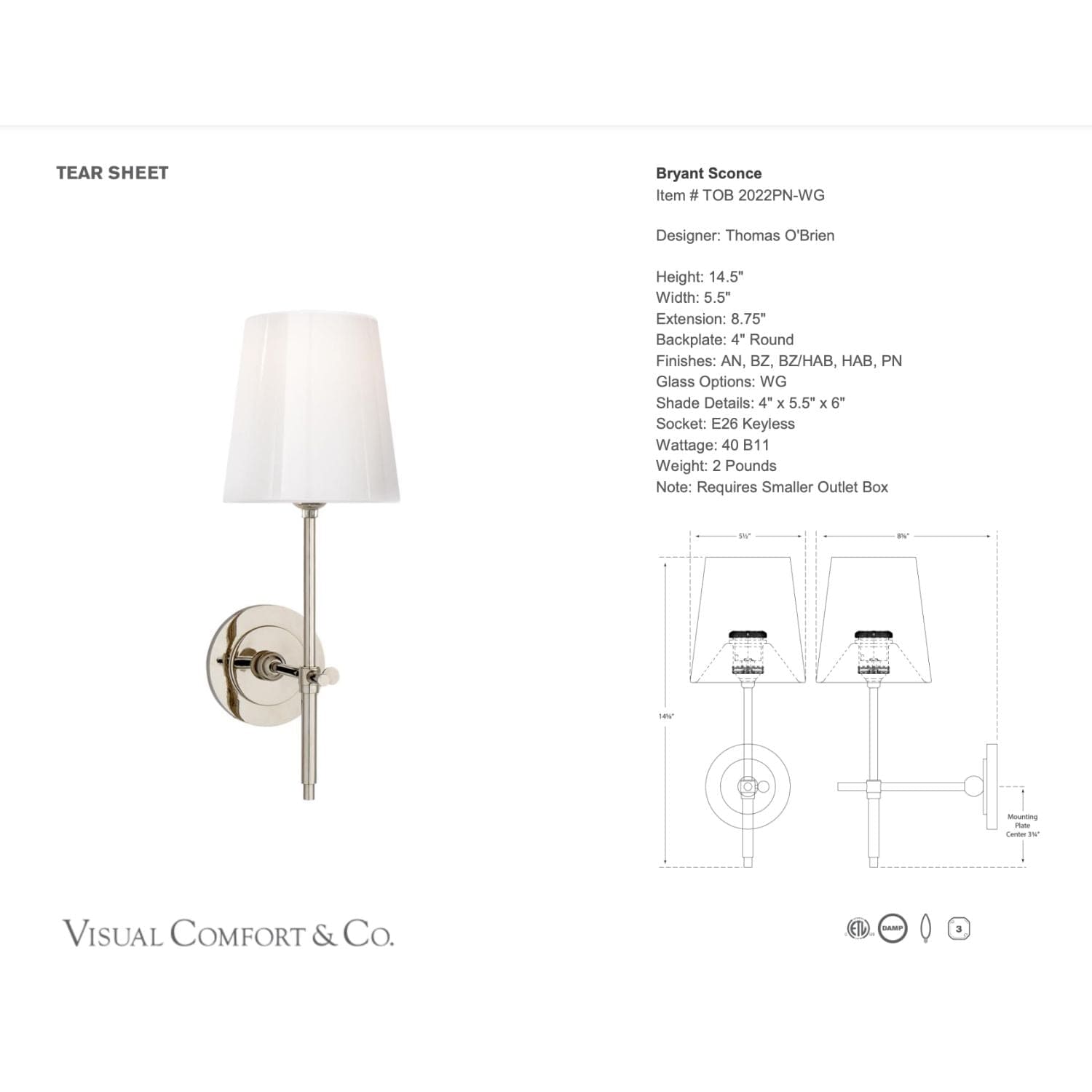 Visual Comfort & Co Sconces Bryant Sconce with White Glass Shade