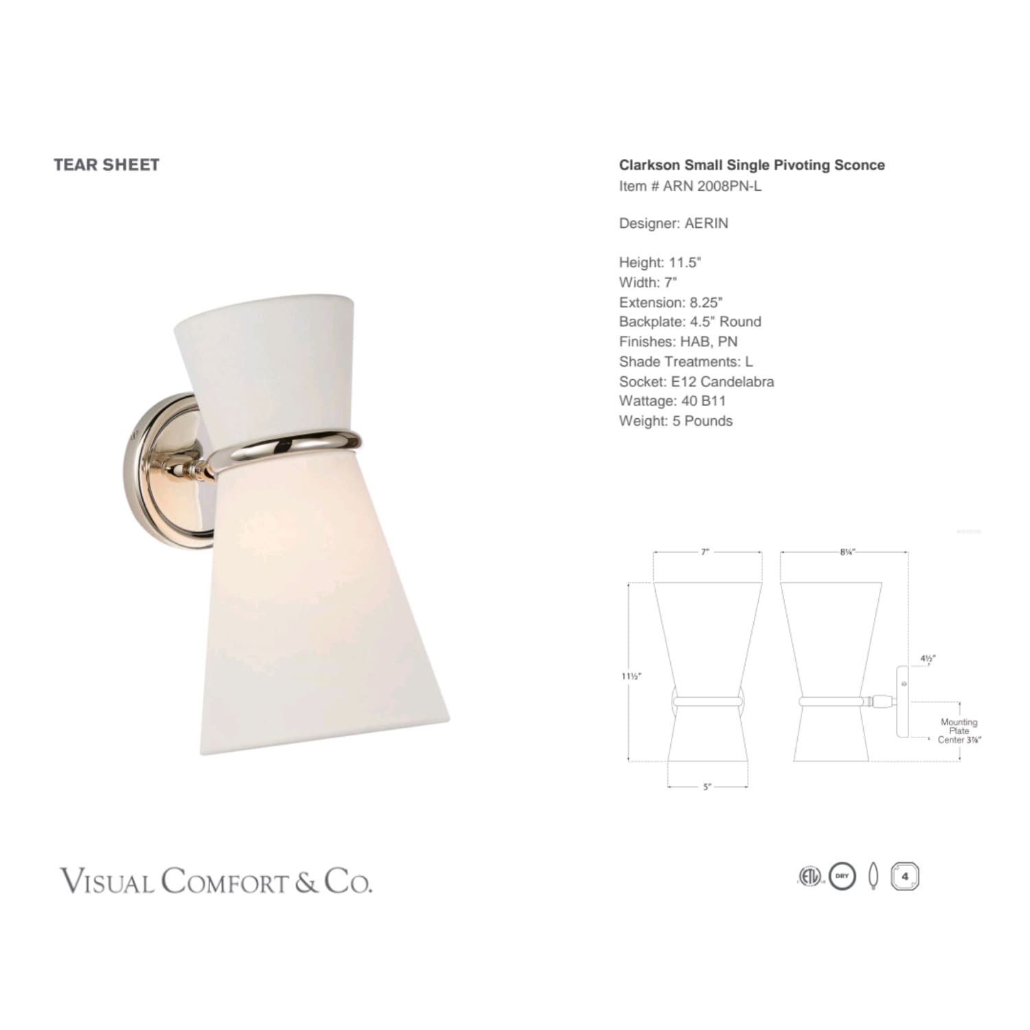 Visual Comfort & Co Sconces Clarkson Small Single Pivoting Sconce