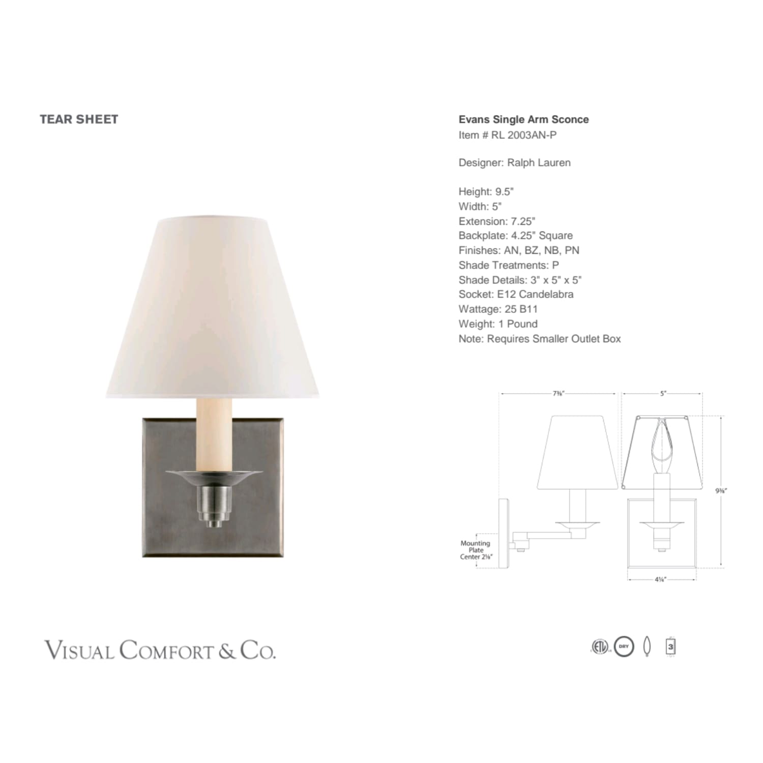 Visual Comfort & Co Sconces Evans Single Arm Sconce