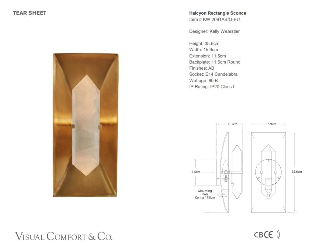 Visual Comfort & Co Sconces Halcyon Rectangle Sconce in Antique Brunished Brass & Quartz