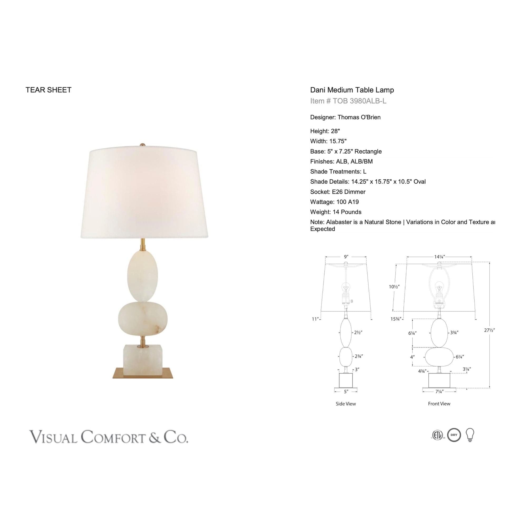 Visual Comfort & Co Table Lamp Dani Medium Table Lamp in Alabaster