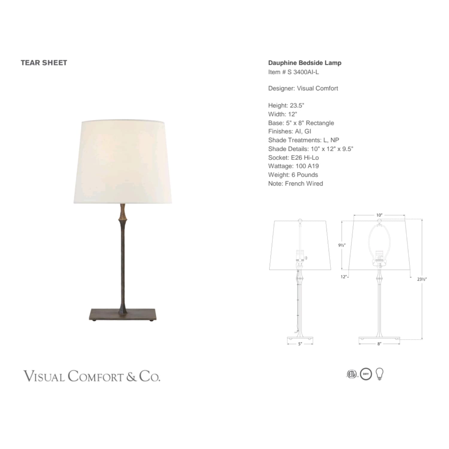 Visual Comfort & Co Table Lamp Dauphine Lamp